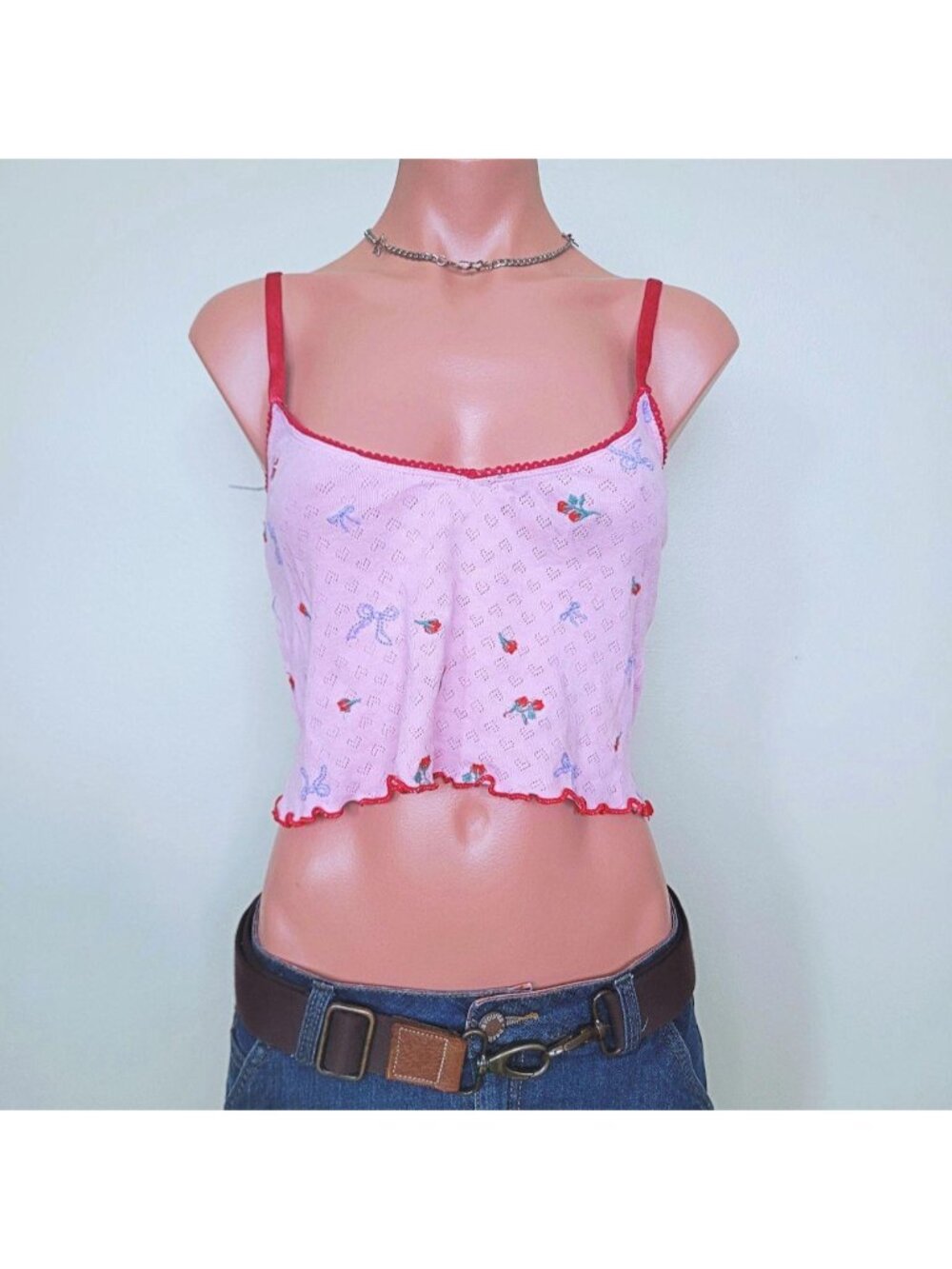 Kitsch Y2K Contrast Pink Red Lace Trim Cotton Cami Tank (One Size)